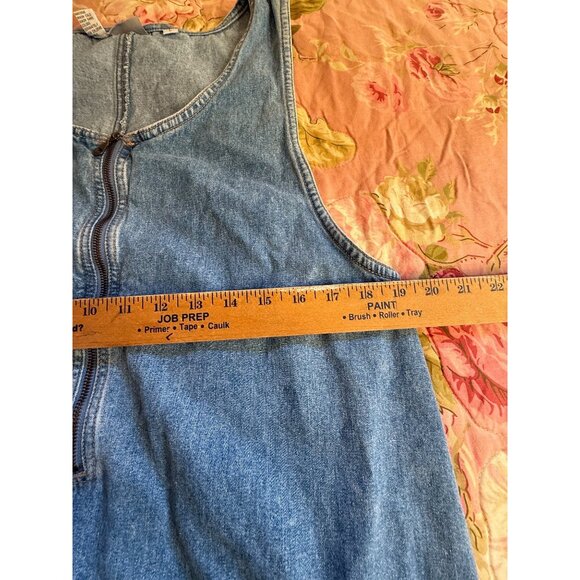 Vtg 90 Denim Jumper Maxi Dress L Front Zipper Pockets Modest Country Teacher Y2K - Picture 4 of 16